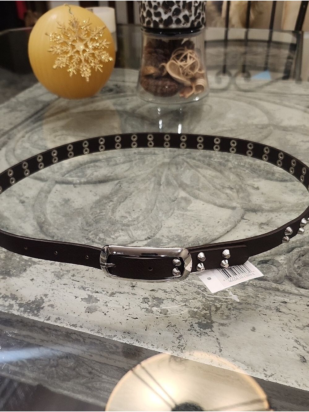 Studded Black Leather Belt with Silver Hardware - Women